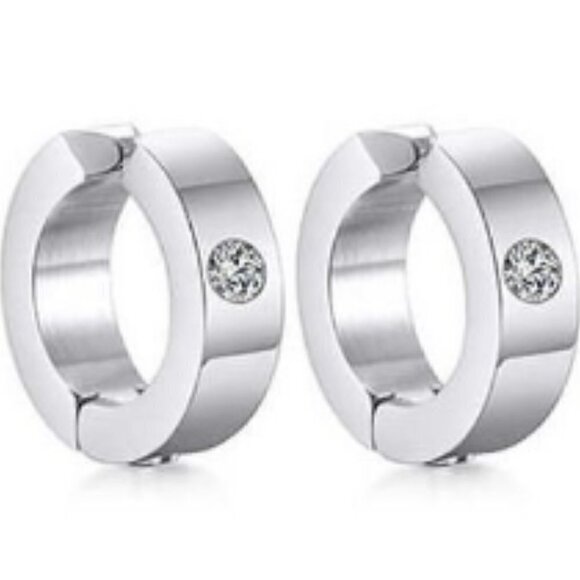 Ionic Plated Stainless Steel and Cubic Zirconia Silver Huggie Hoop - Picture 3 of 3